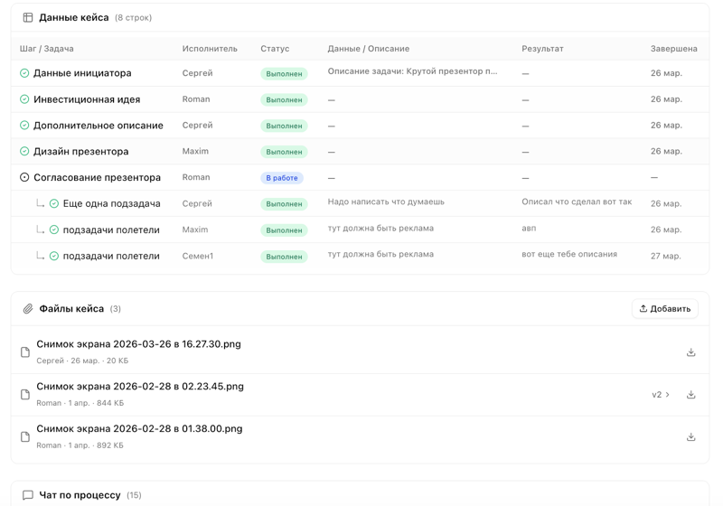 Карточка кейса bpMAX — шаги, файлы, чат и история в одном месте